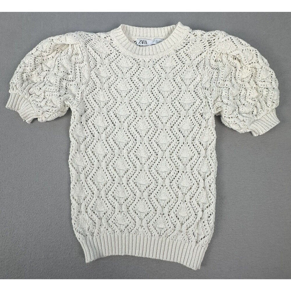 Zara Pointelle Knit Top S Cream Puff Sleeve Open Knit Cottage Coquette Romantic